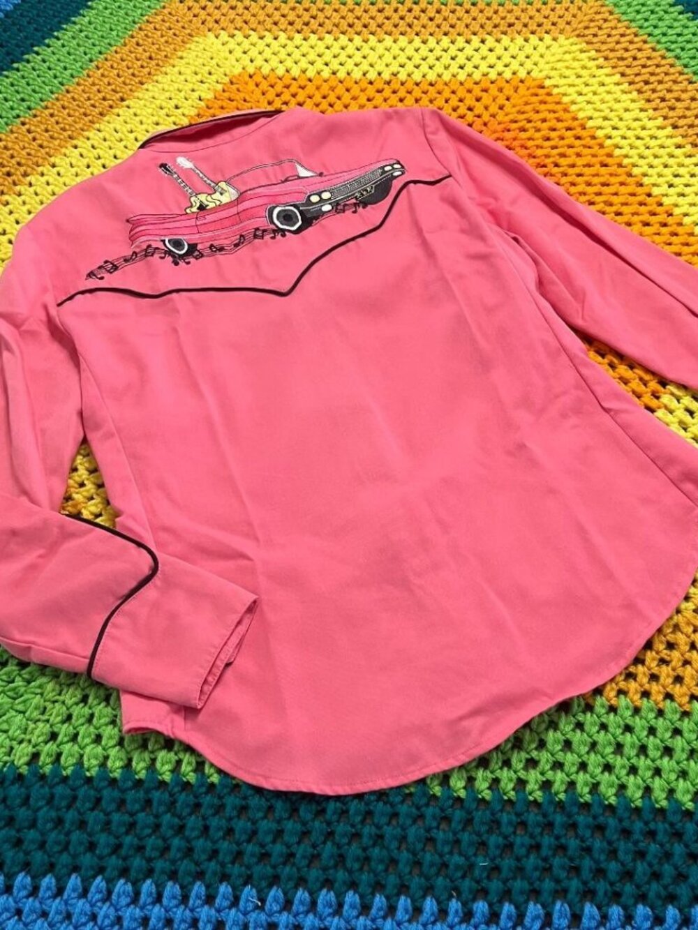 Scully Rockabilly Style Guitars Cars Music Pink Pearl Snap Blouse Top